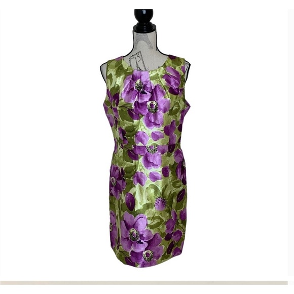 GILANI Dress Party Elegant S/L Floral Purples Greens Zip Exc Conditon Sz 14 - Picture 2 of 12